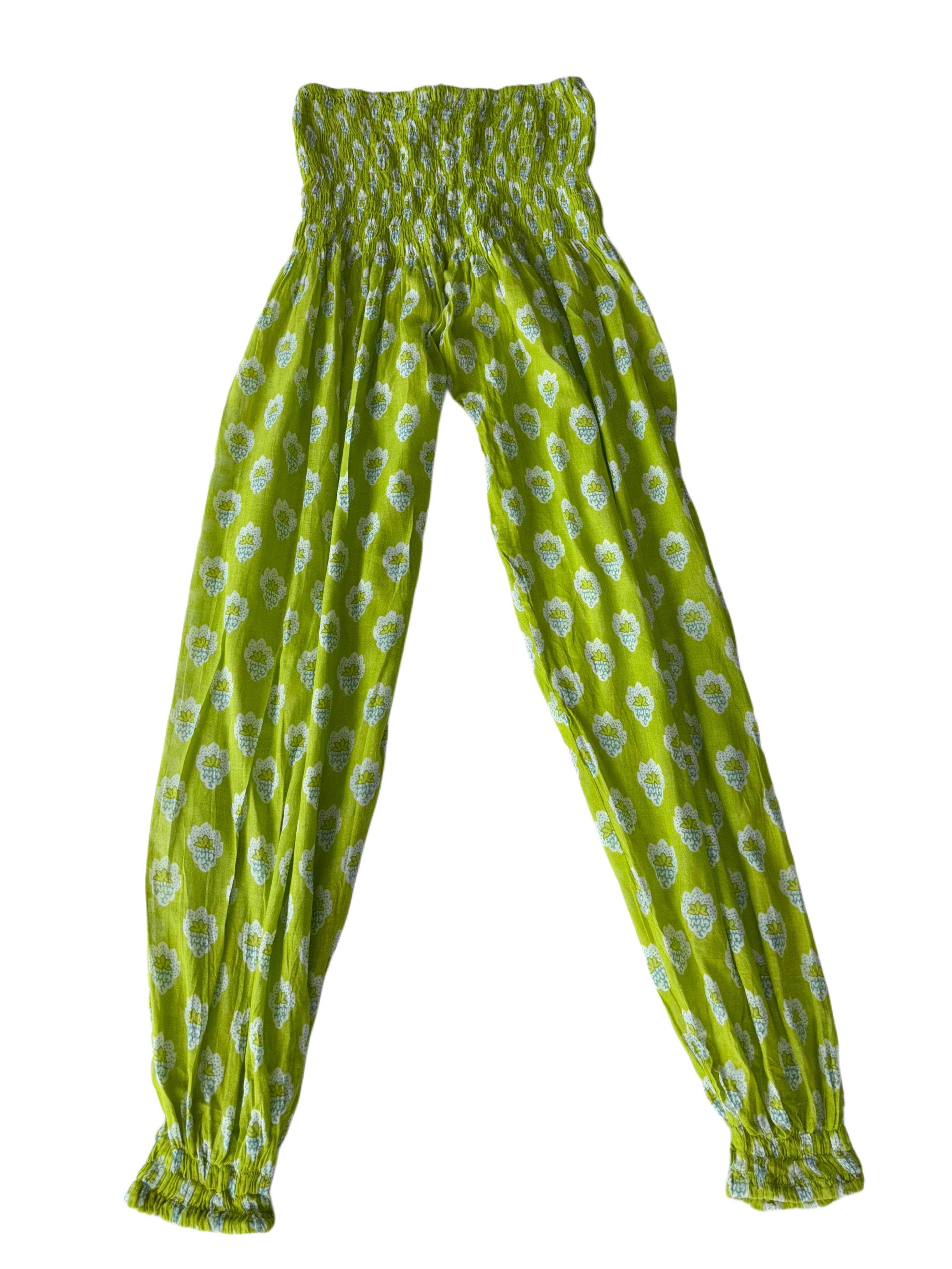 Ladies Cotton Balloon Pants | Bright Green White