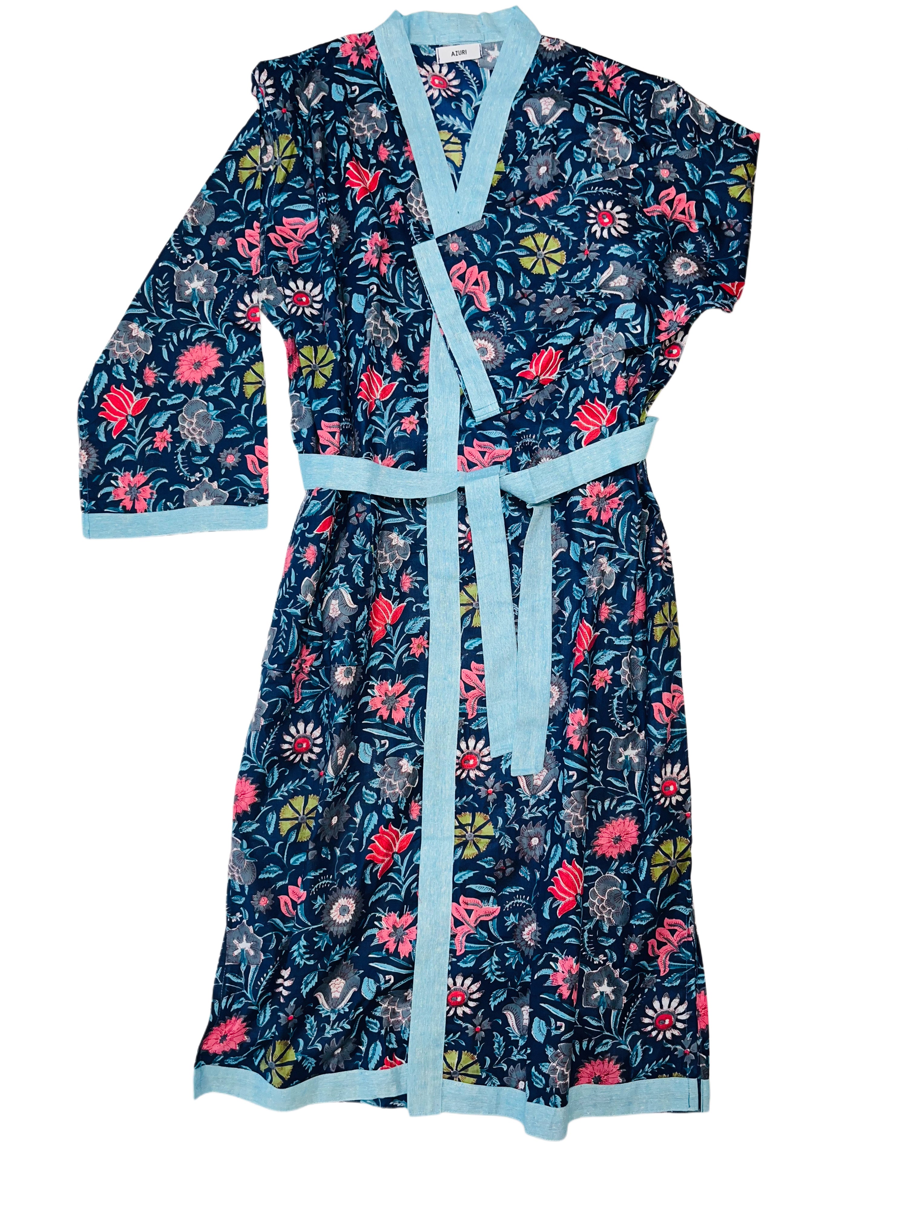 Cotton Kimono | Blue with Red/Pink