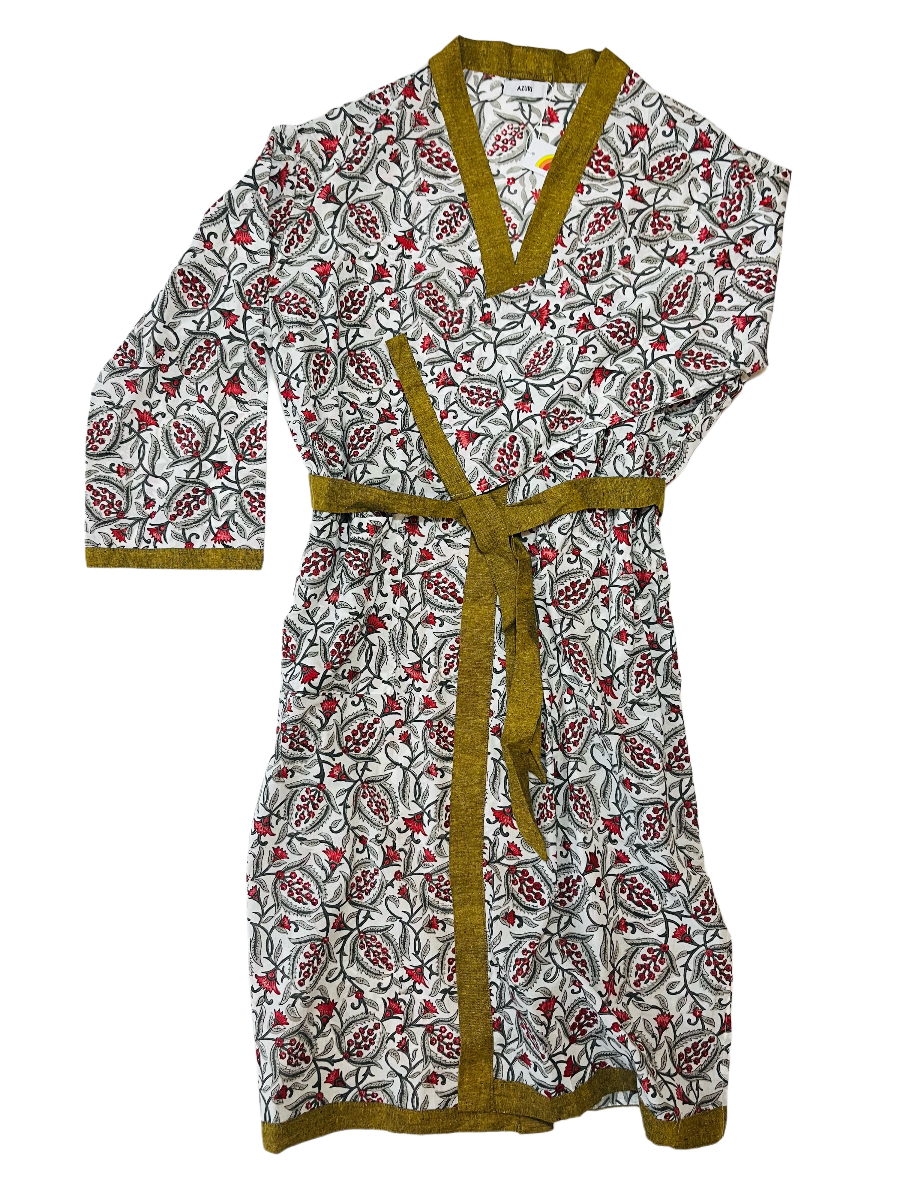 Cotton Kimono | White Red Olive