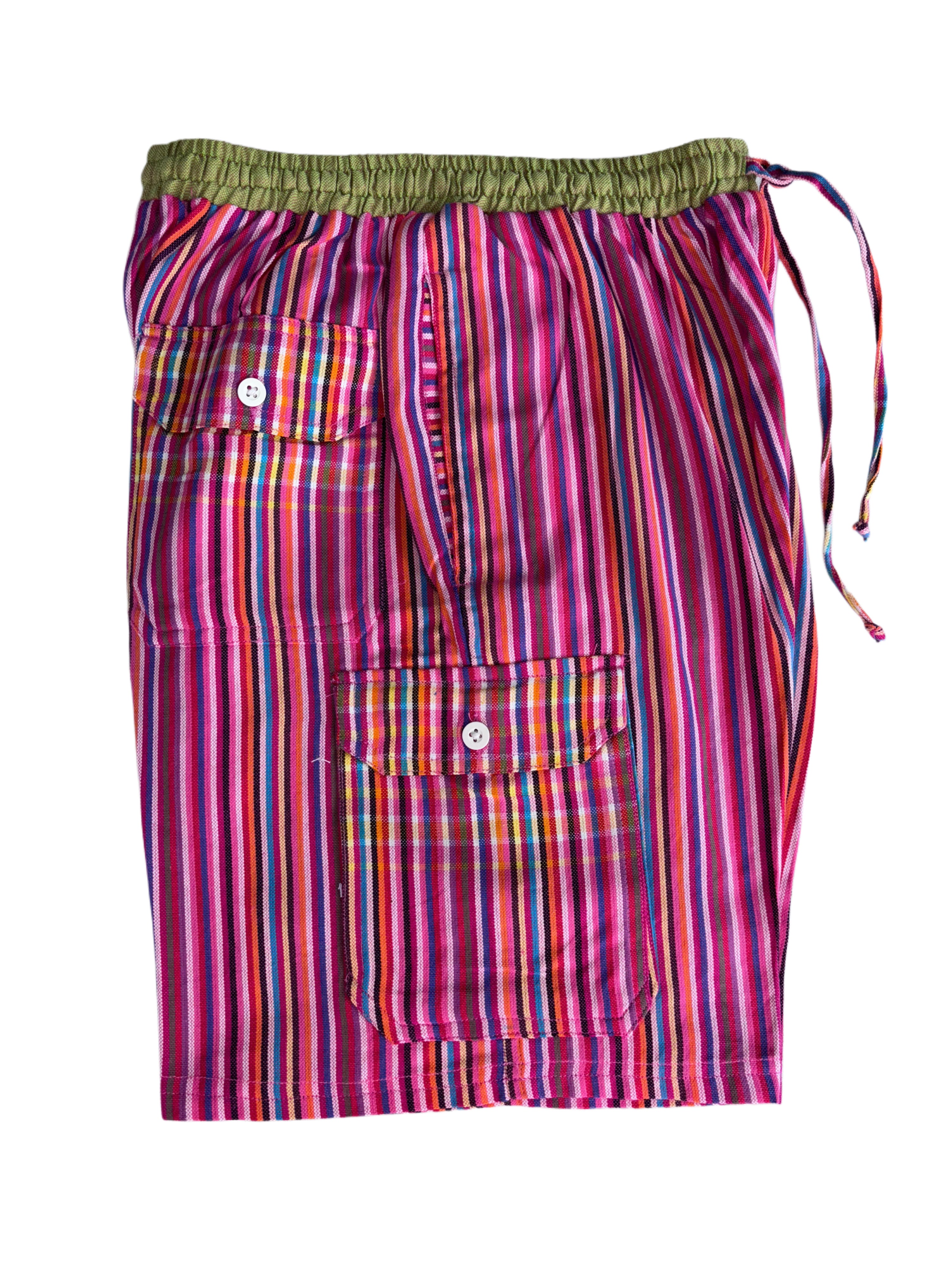 Kikoy Bermuda Shorts - Stripes | Pink Multicolor with Olive Green