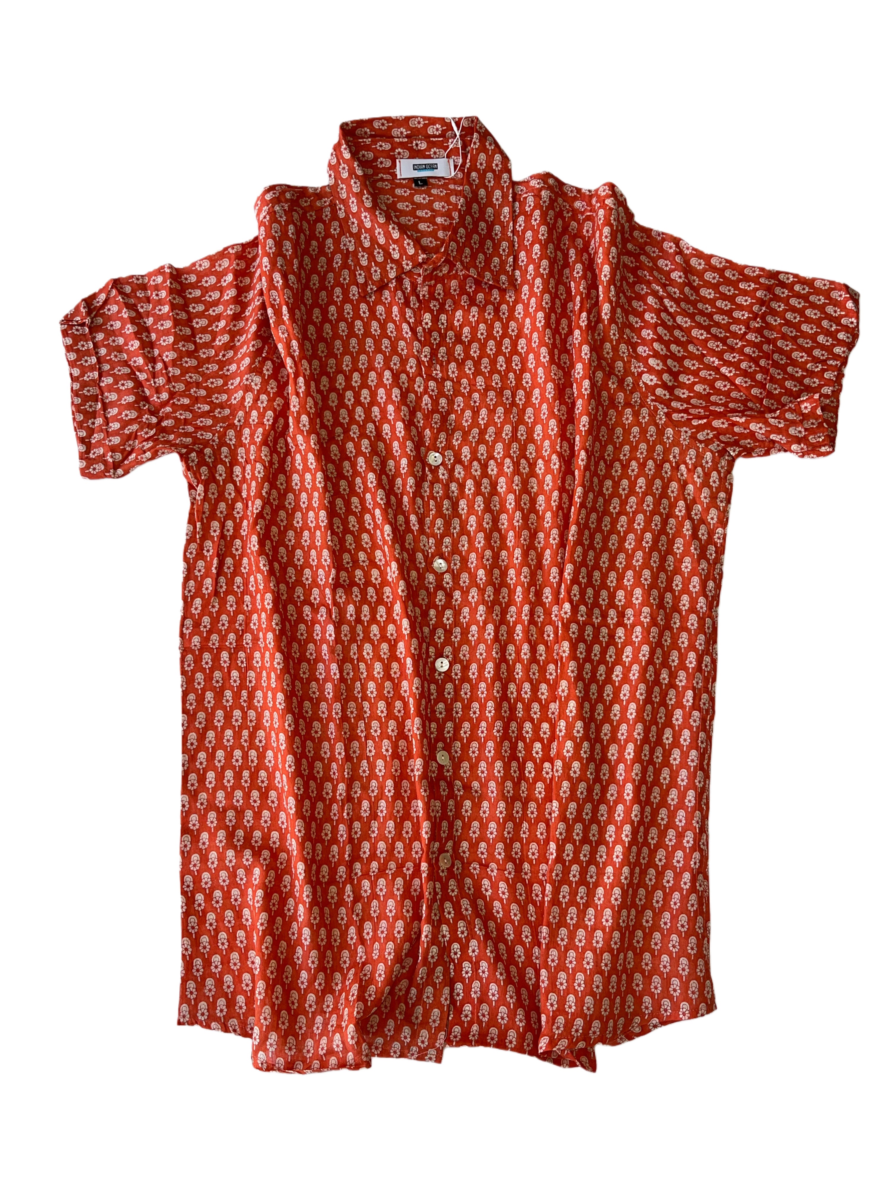 Men's Collared Short Sleeve Shirt - Light Weight Fabric | Deep Orange White