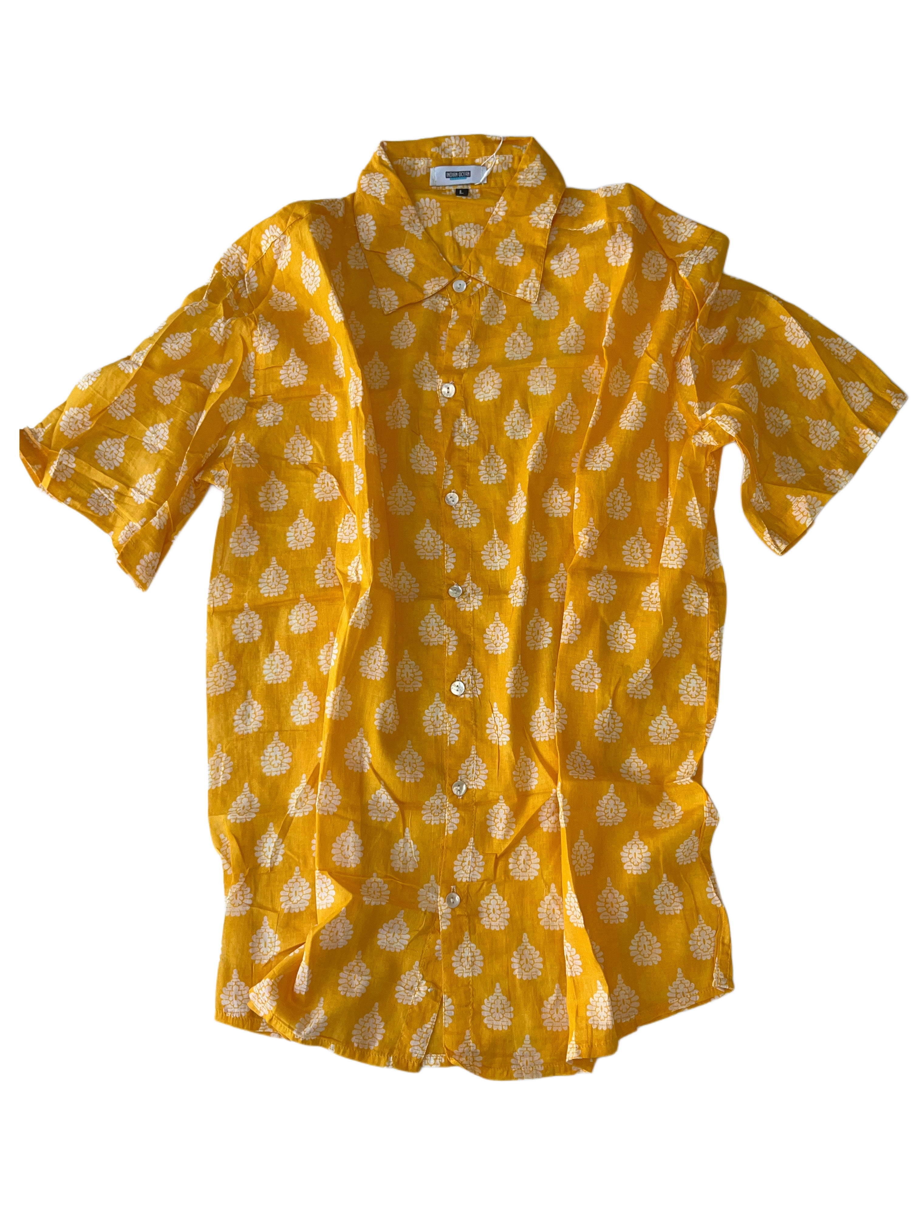 Men's Collared Short Sleeve Shirt - Light Weight Fabric | Bright Yellow White