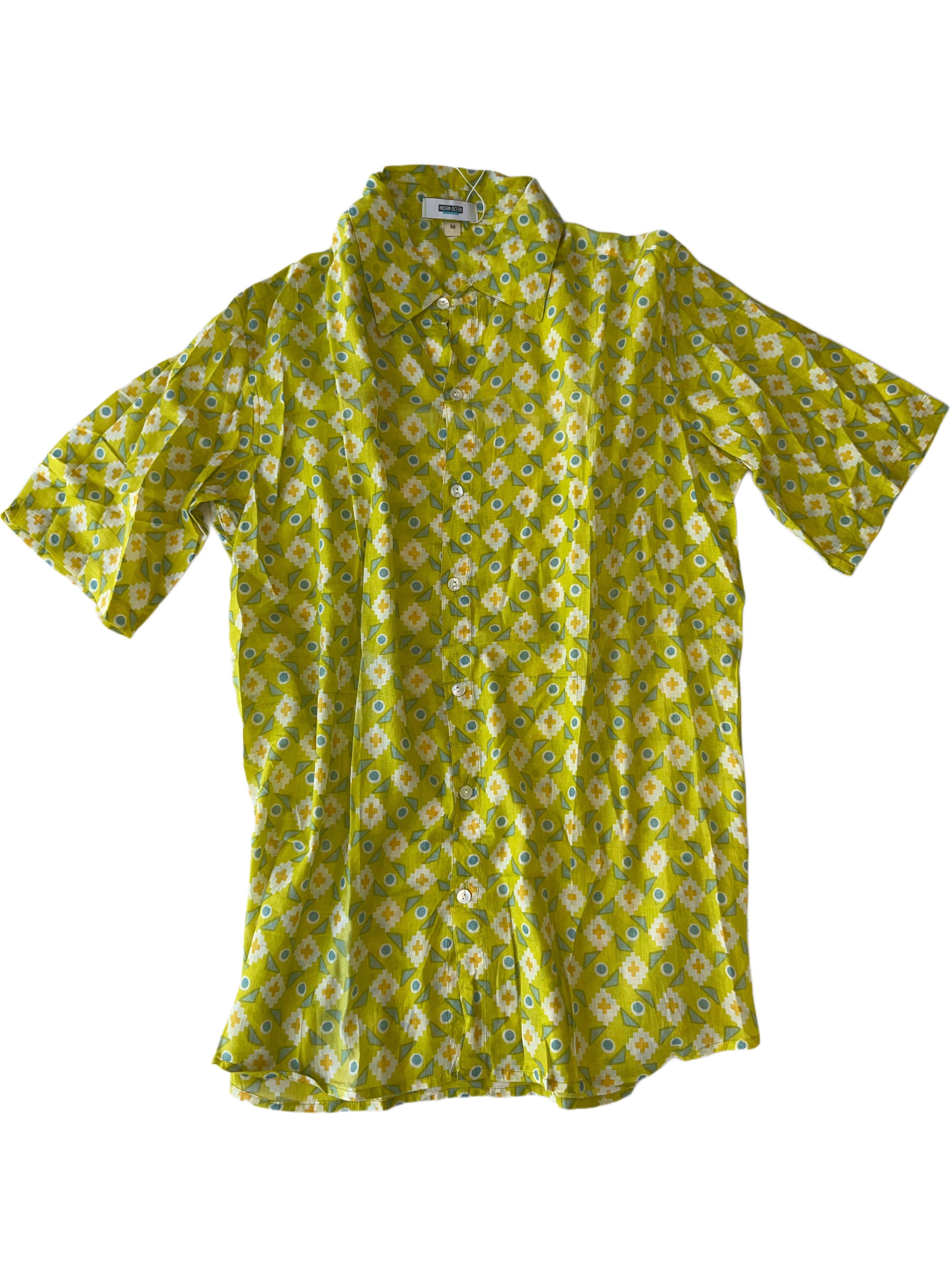 Men's Collared Short Sleeve Shirt - Light Weight Fabric | Lime White Yellow