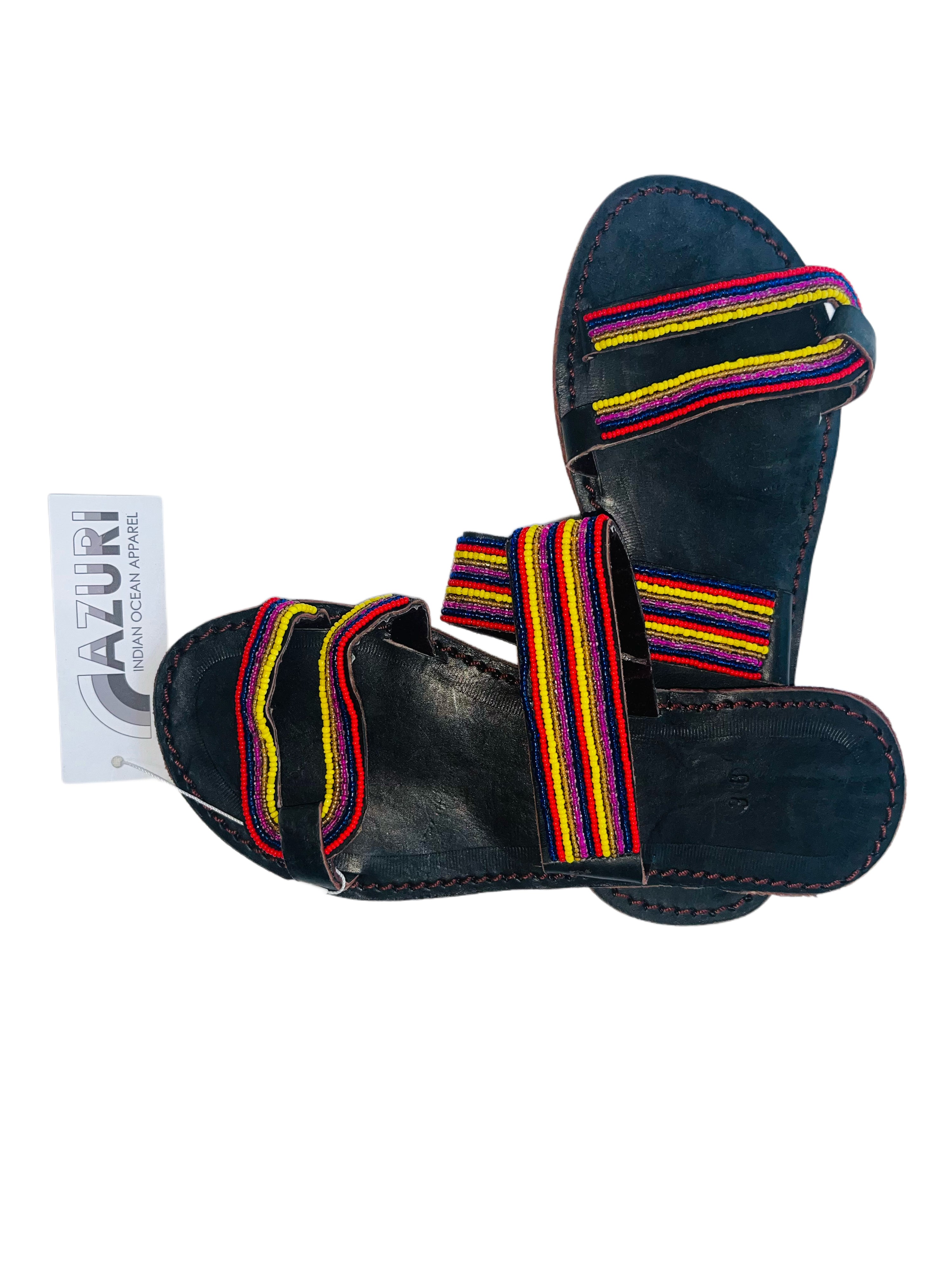 Leather Beaded Slip On Sandals | Red Yellow Blue