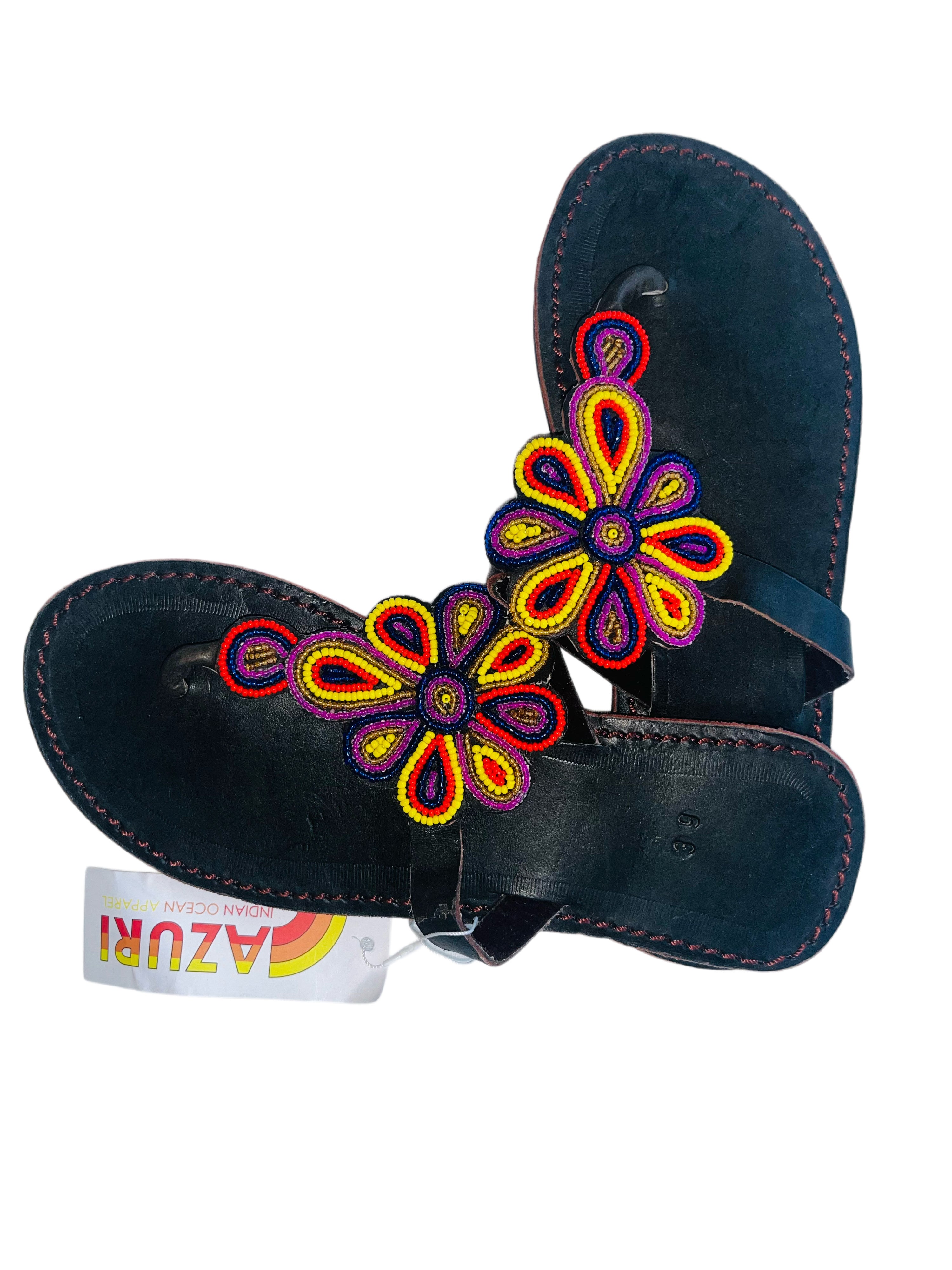 Leather Beaded Slip On Sandals | Yellow Red Navey Purple