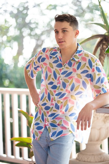 Men's Collared Short Sleeve Shirt - Light Weight Fabric | Beige White
