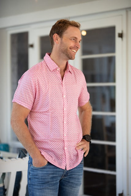 Men's Collared Short Sleeve Shirt - Light Weight Fabric | Blue Pinks White