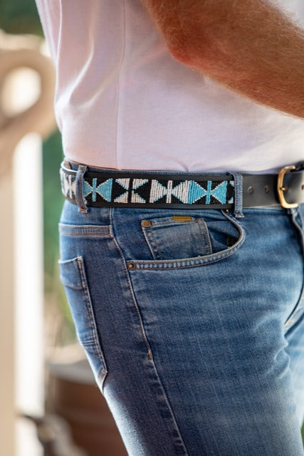 Leather Beaded Belts | Black White Blue Silver Gold