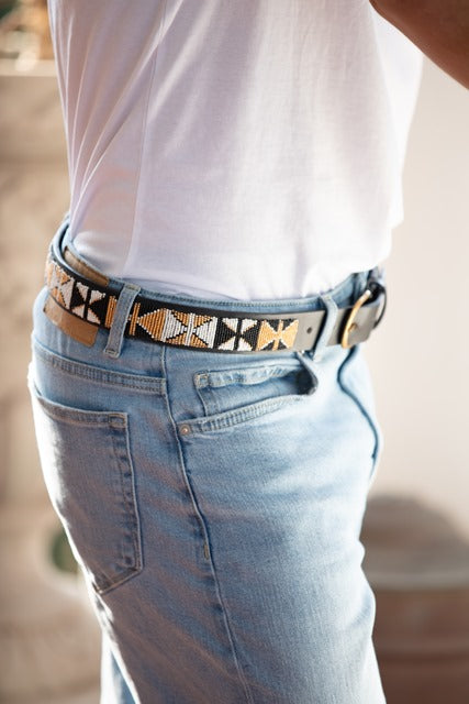 Leather Beaded Belts | Gold White Black Brown