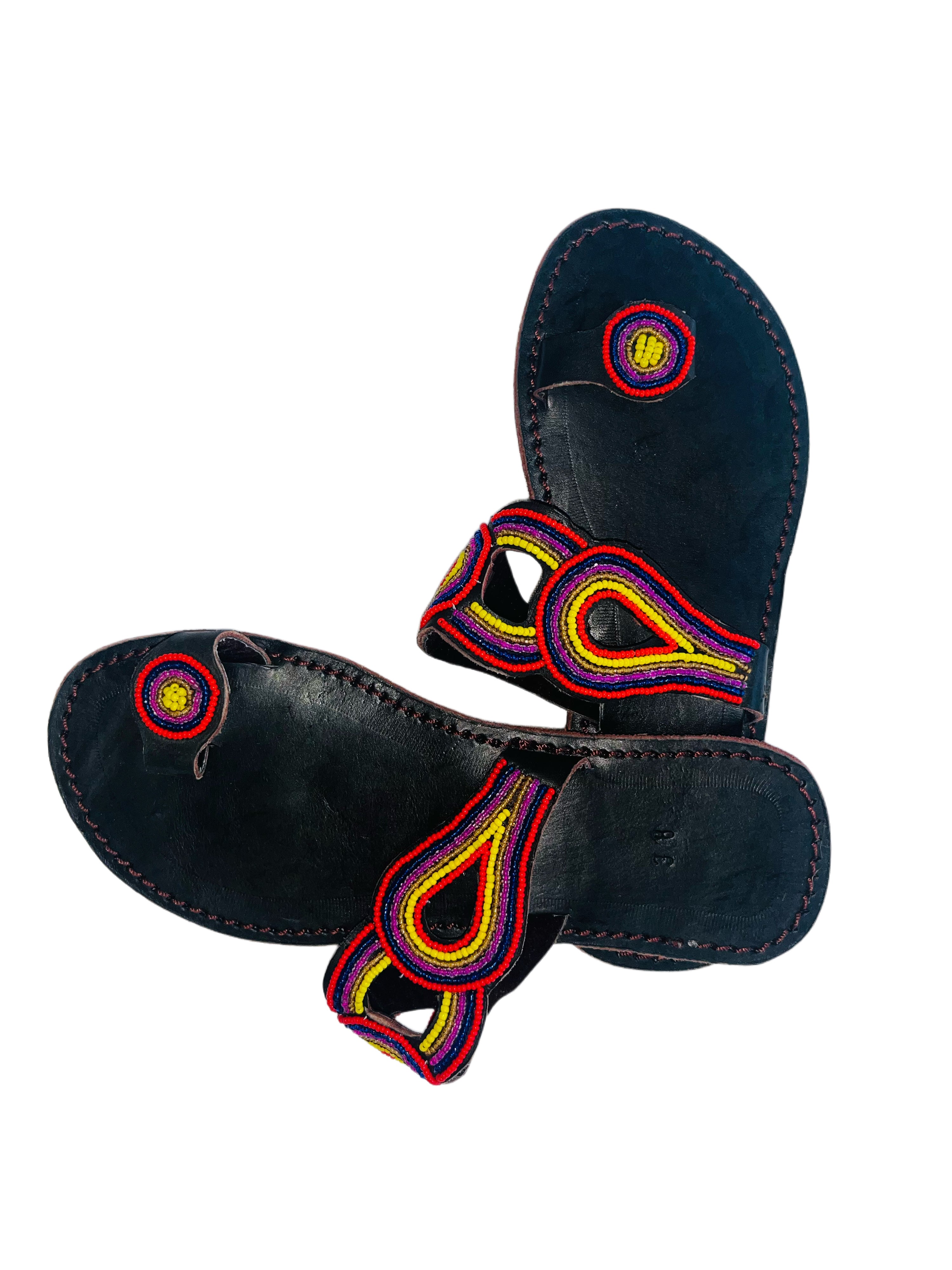 Leather Beaded Slip On Sandals | Red Blue Yellow Pink