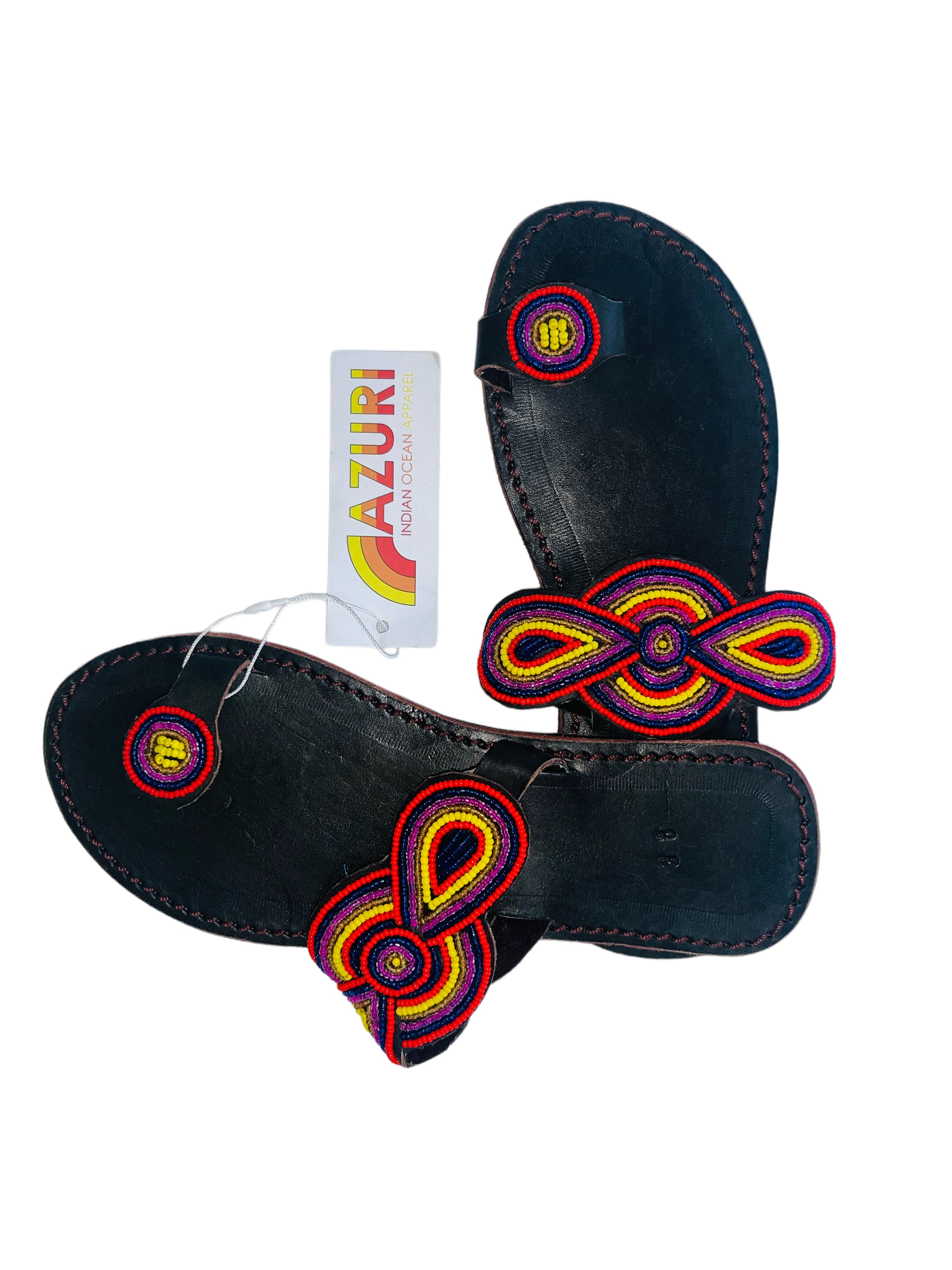 Leather Beaded Slip On Sandals | Yellow Red Blue Pink