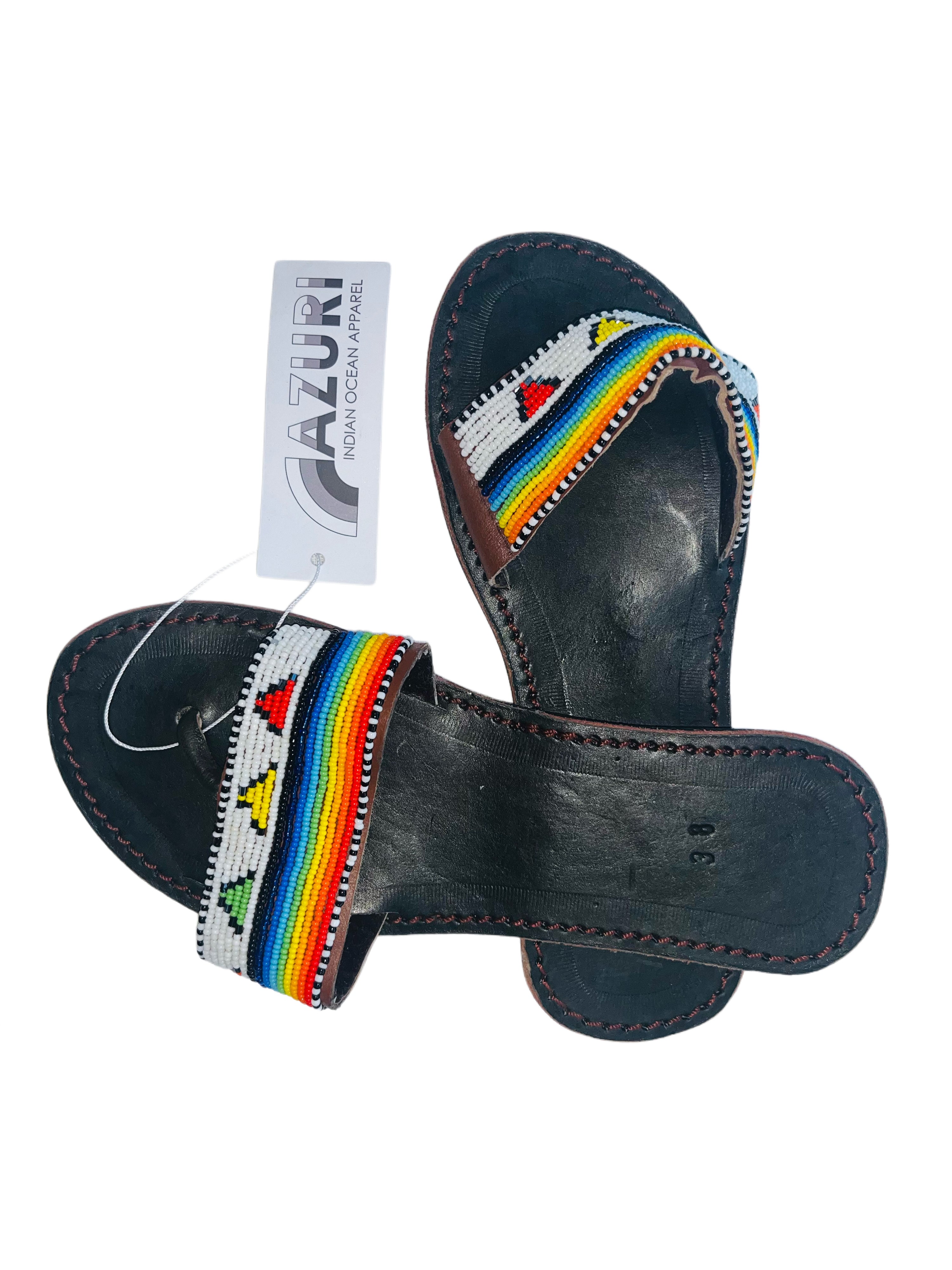 Leather Beaded Slip On Sandals | White Blue Yellow Red